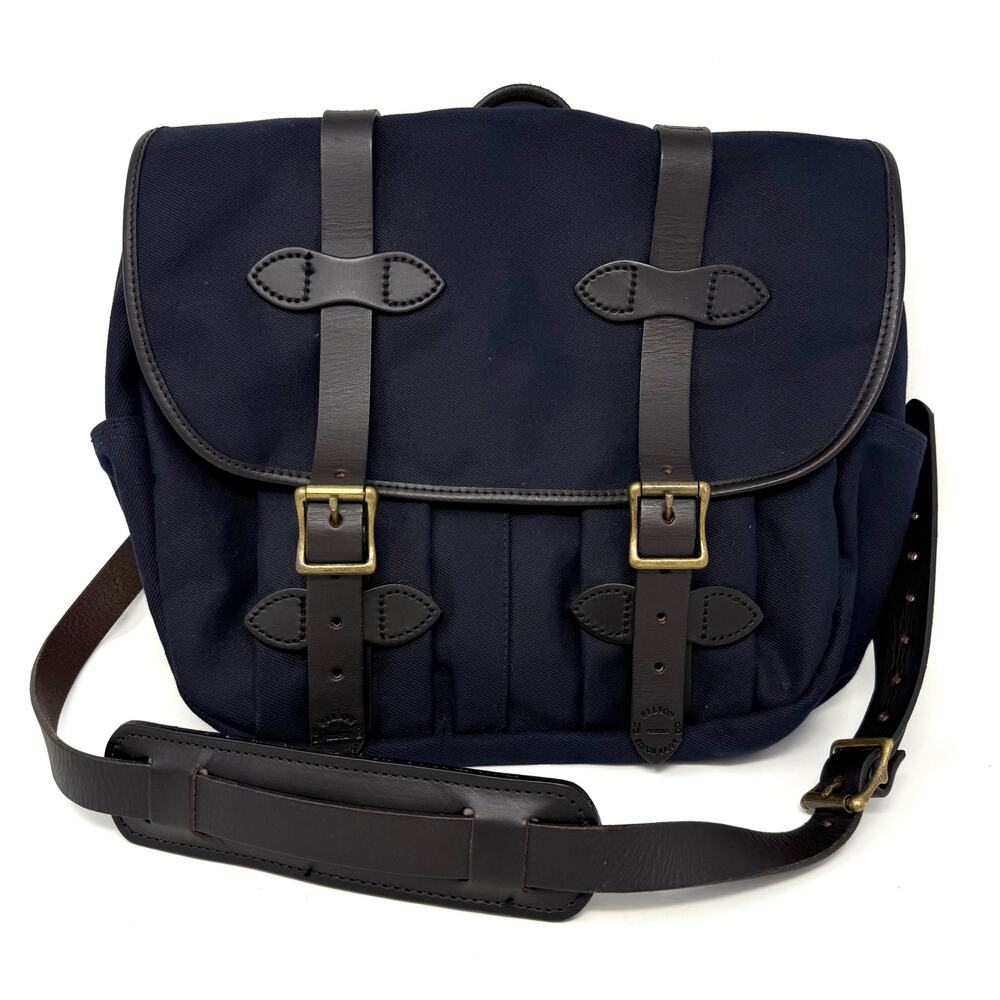 Filson Medium Field Bag Navy Twill with Brown Leather Trim EUC *Rare*